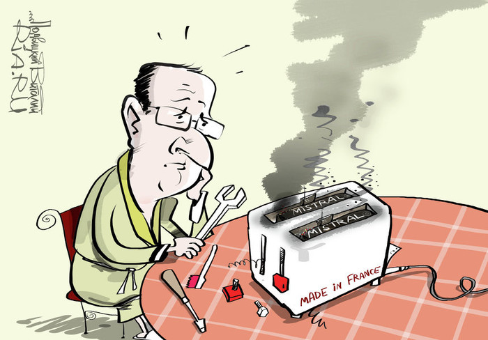Ảnh biếm họa Tổng thống Pháp Francois Hollande ngồi rầu rĩ bên cạnh hai chiếc bánh mì cháy mang tên Mistral. Ảnh Rian. Ảnh biếm họa Tổng thống Pháp Francois Hollande ngồi rầu rĩ bên cạnh hai chiếc bánh mì cháy mang tên Mistral. Ảnh Rian.