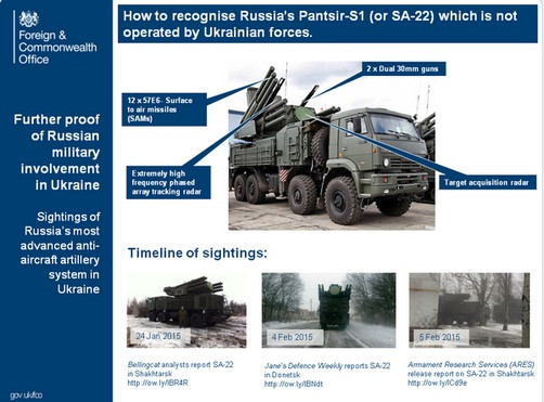 Ảnh công bố trên trang web của Đại sứ quán Anh tại Kiev cho rằng đây là các bằng chứng về sự hiện diện vạ̀ hỗ trợ của Moscow đối với lực lượng ly khai tại Donbass.