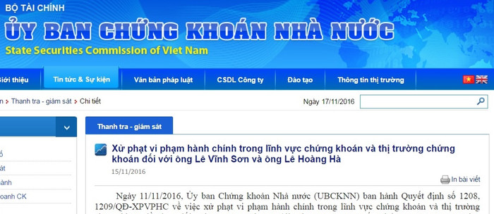 Ủy ban Chứng khoán Nhà nước ra quyết định xử phạt đối với ông Lê Vĩnh Sơn và ông Lê Hoàng Hà. Ủy ban Chứng khoán Nhà nước ra quyết định xử phạt đối với ông Lê Vĩnh Sơn và ông Lê Hoàng Hà.
