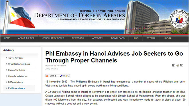 Thông tin kêu cứu của giáo viên trên trang web của ĐSQ Philippines Thông tin kêu cứu của giáo viên trên trang web của ĐSQ Philippines