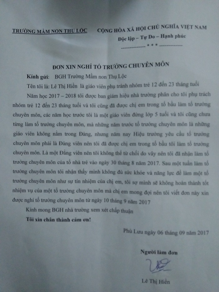 Đơn xin thôi làm tổ trưởng của cô Lê Thị Hiền (Ảnh: tác giả cung cấp). Đơn xin thôi làm tổ trưởng của cô Lê Thị Hiền (Ảnh: tác giả cung cấp).