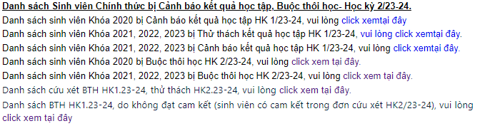 Các danh sách sinh viên chính thức bị cảnh báo kết quả học tập, buộc thôi học học đăng tải trên website của một trường đại học. (Ảnh chụp màn hình) Các danh sách sinh viên chính thức bị cảnh báo kết quả học tập, buộc thôi học học đăng tải trên website của một trường đại học. (Ảnh chụp màn hình)
