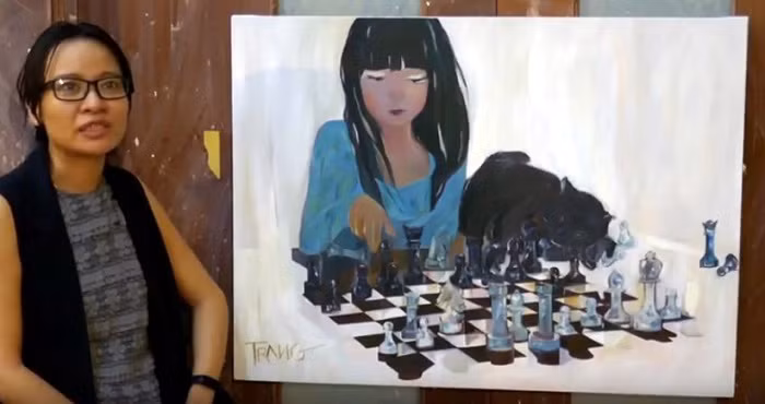 Họa sĩ Nguyễn Thị Thu Trang, Giảng viên Trường đại học Mỹ thuật thành phố Hồ Chí Minh, giới thiệu tác phẩm rất độc đáo “chơi cờ” của chị.
