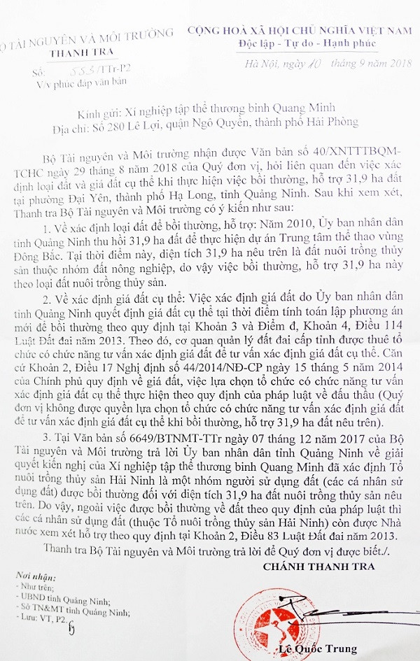 Công văn số 553/TTr – P2 ngày 10/9/2018 của Thanh tra Bộ Tài nguyên và Môi trường gửi Xí nghiệp tập thể thương binh Quang Minh. Công văn số 553/TTr – P2 ngày 10/9/2018 của Thanh tra Bộ Tài nguyên và Môi trường gửi Xí nghiệp tập thể thương binh Quang Minh.