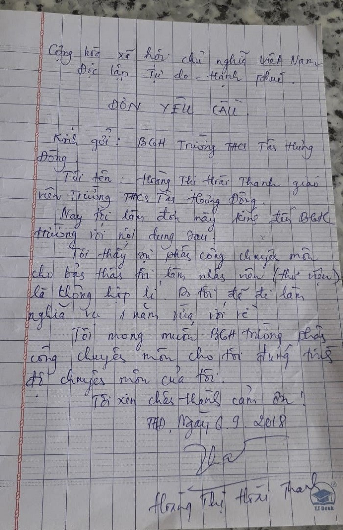 Đơn yêu cầu của bà Hoàng Thị Hoài Thanh (Ảnh: tác giả cung cấp).