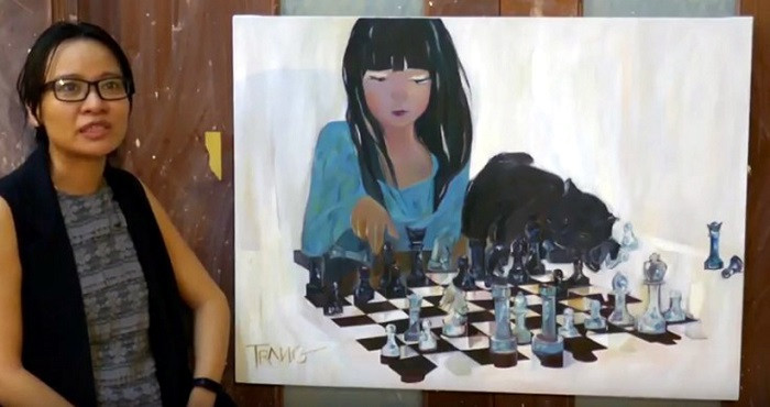 Họa sĩ Nguyễn Thị Thu Trang, Giảng viên Trường đại học Mỹ thuật thành phố Hồ Chí Minh, giới thiệu tác phẩm rất độc đáo “chơi cờ” của chị. Họa sĩ Nguyễn Thị Thu Trang, Giảng viên Trường đại học Mỹ thuật thành phố Hồ Chí Minh, giới thiệu tác phẩm rất độc đáo “chơi cờ” của chị.