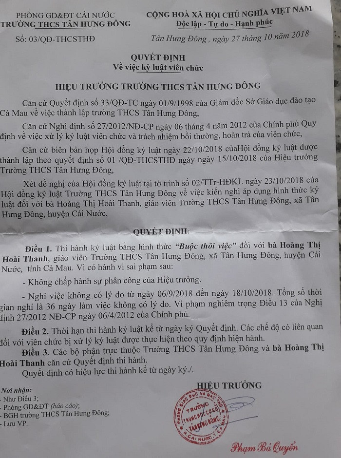 Quyết định kỷ luật đối với bà Hoàng Thị Hoài Thanh (Ảnh: tác giả cung cấp).