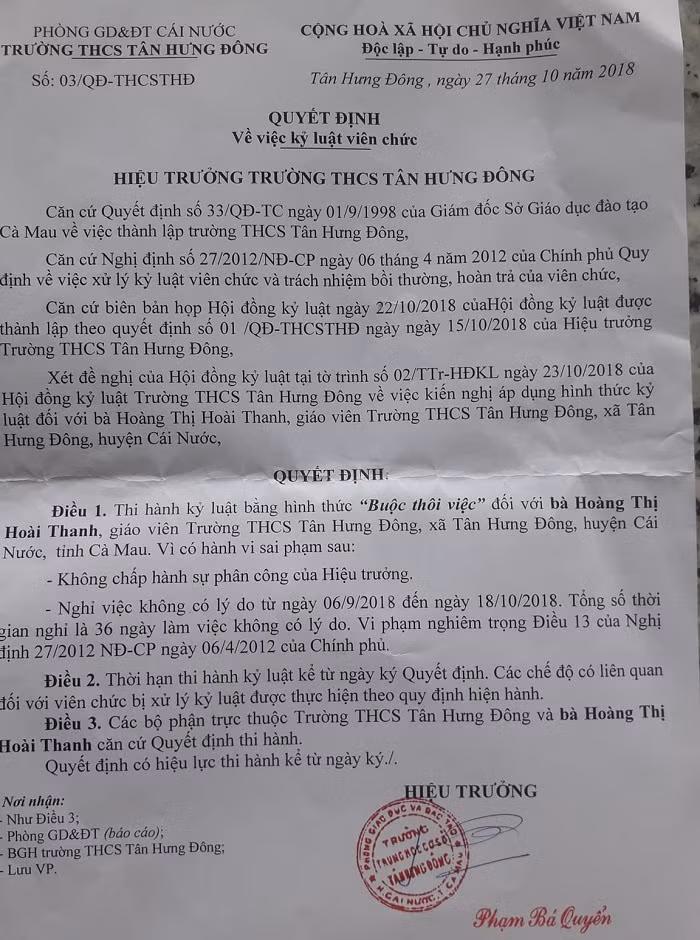 Quyết định kỷ luật đối với bà Hoàng Thị Hoài Thanh (Ảnh: tác giả cung cấp).