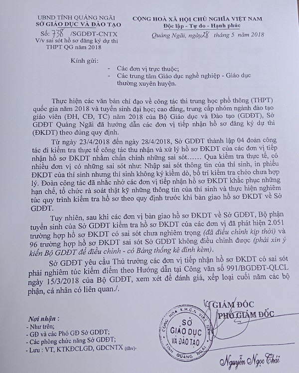 Công văn số 738/SGDĐT-CNTX, ngày 28/5/2018 do Phó Giám đốc Nguyễn Ngọc Thái ký (Ảnh: tác giả cung cấp). Công văn số 738/SGDĐT-CNTX, ngày 28/5/2018 do Phó Giám đốc Nguyễn Ngọc Thái ký (Ảnh: tác giả cung cấp).