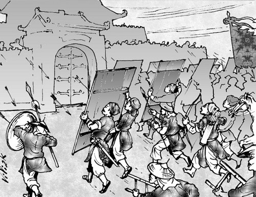 Quân ta đánh đồn Ngọc Hồi, súng bắn ra như mưa. Vua Quang Trung cho quân khỏe mạnh khiêng ván đi trước, bộ binh theo sau (Ảnh minh họa: Internet). Quân ta đánh đồn Ngọc Hồi, súng bắn ra như mưa. Vua Quang Trung cho quân khỏe mạnh khiêng ván đi trước, bộ binh theo sau (Ảnh minh họa: Internet).