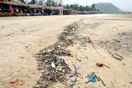 Rác trên bãi tắm ở Khu du lịch Bãi Cháy. Ảnh: Báo Quảng Ninh.
