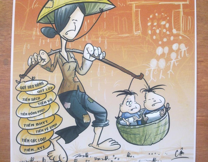 Người dân phải gánh đủ các loại phí. Tranh biếm của Nguyễn Văn Dũng. Người dân phải gánh đủ các loại phí. Tranh biếm của Nguyễn Văn Dũng.