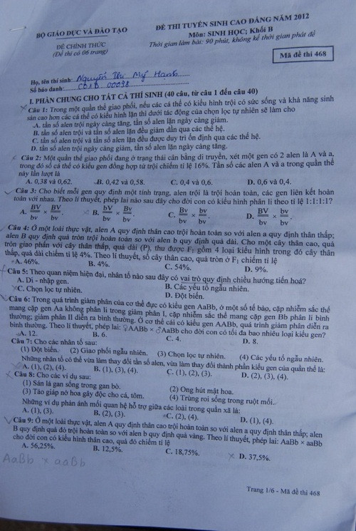 Đề thi Cao đẳng 2012 - môn Sinh học