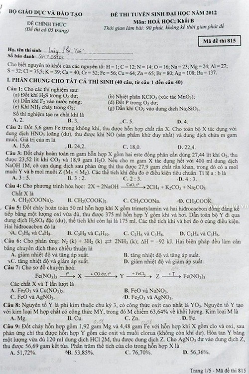 Đề thi ĐH môn Hóa (khối B) 2012 Đề thi ĐH môn Hóa (khối B) 2012