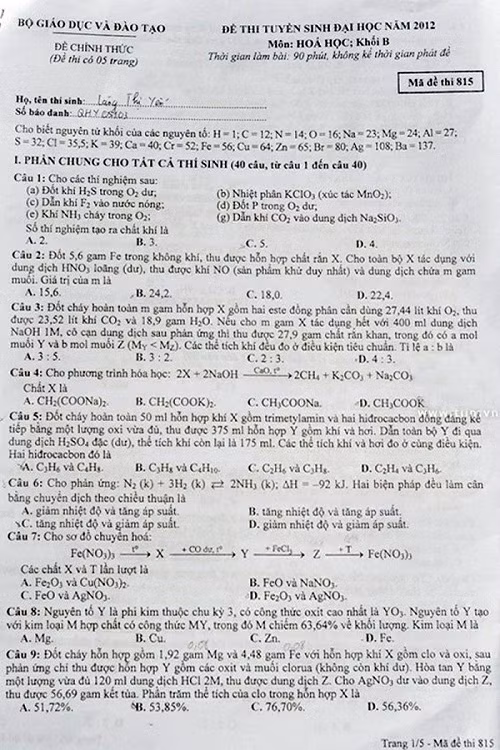 Đề thi ĐH môn Hóa (khối B) 2012