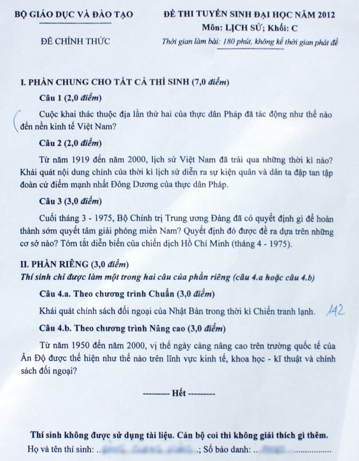 Đề thi ĐH môn Lịch sử 2012