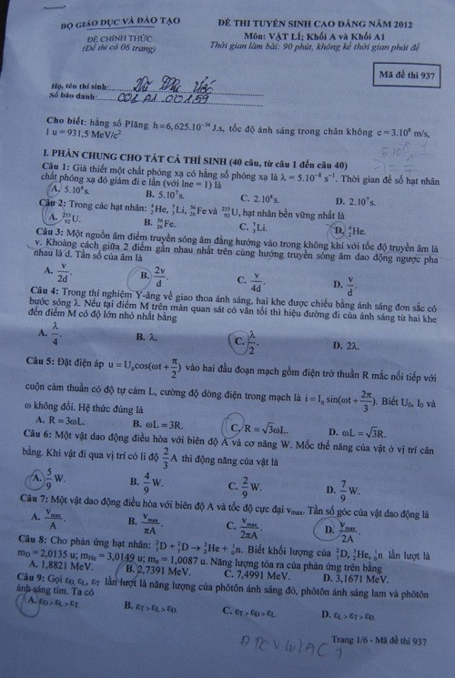 Đề thi Cao đẳng 2012 - môn Vật lý