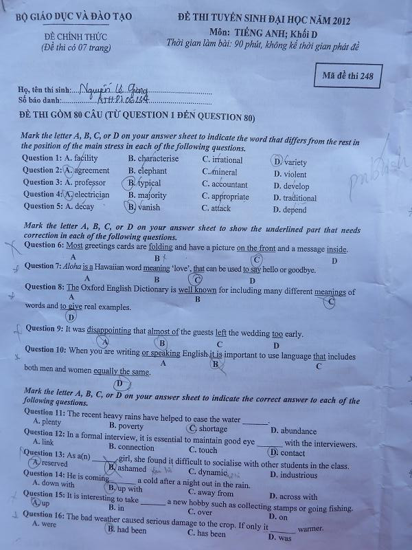 Đề thi ĐH môn Anh Văn (khối D) 2012 Đề thi ĐH môn Anh Văn (khối D) 2012