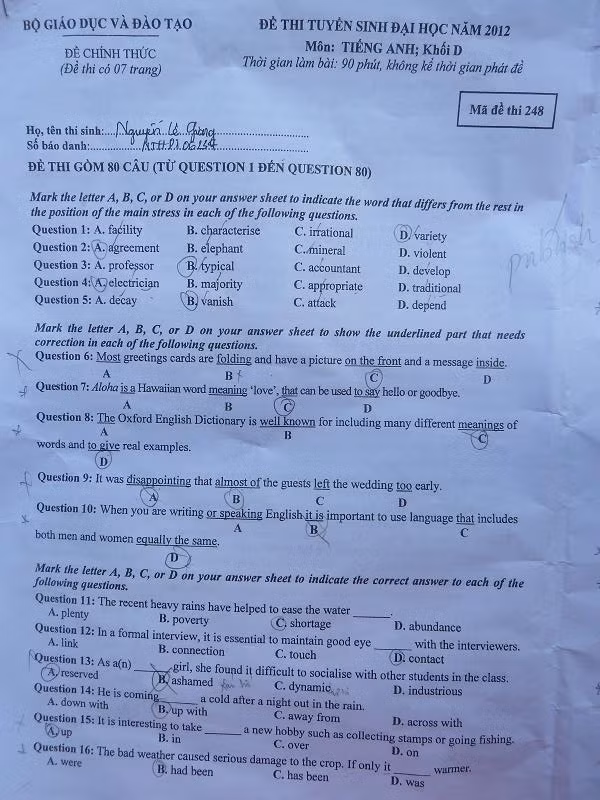 Đề thi ĐH môn Anh Văn (khối D) 2012
