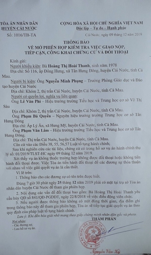 Thông báo đối thoại của Tòa án Nhân dân huyện Cái Nước. Thông báo đối thoại của Tòa án Nhân dân huyện Cái Nước.