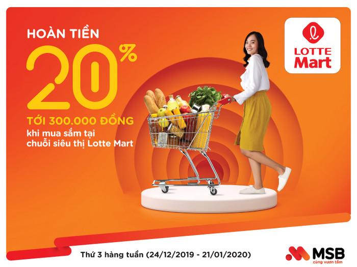 Hoàn tiền 20% tới 300.000 đồng khi mua sắm tại chuỗi siêu thị Lotte Mart. Hoàn tiền 20% tới 300.000 đồng khi mua sắm tại chuỗi siêu thị Lotte Mart.