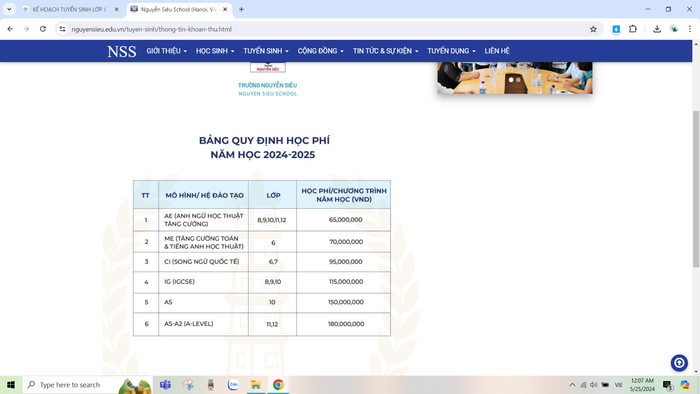 Ảnh chụp màn hình học phí Trường Trung học cơ sở - Trung học phổ thông Nguyễn Siêu năm học 2024-2025 Học phí THCS-THPT Nguyễn Siêu.PNG