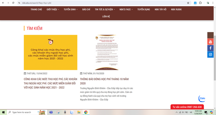 Kết quả tìm kiếm theo từ khóa "học phí" trên website của Trường Trung học cơ sở - Trung học phổ thông Nguyễn Bỉnh Khiêm - Cầu Giấy. Ảnh chụp màn hình Nguyễn Bỉnh Khiêm.PNG