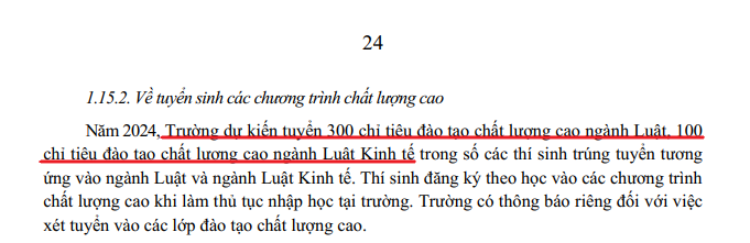 Ảnh chụp màn hình trang 24 của Đề án tuyển sinh năm 2024 Trường Đại học Luật Hà Nội. Trang 24.png