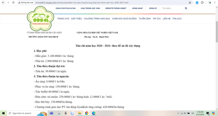 Ảnh chụp màn hình về thông tin học phí của Trường Mầm non Mai Dịch - Cầu Giấy năm học 2020-2021. TRường MN Mai Dịch Cầu Giấy.PNG