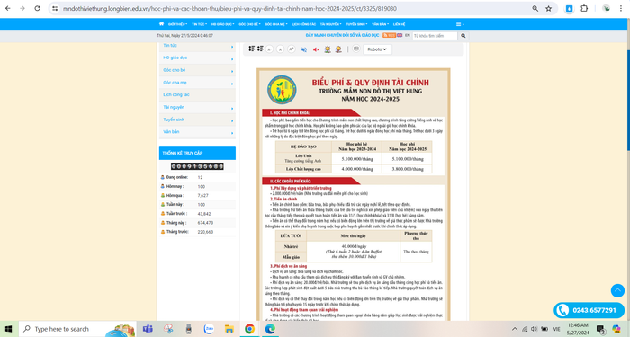 Học phí Trường Mầm non Đô thị Việt Hưng - Long Biên năm học 2024-2025. Ảnh chụp màn hình Trường MN Đô thị Việt Hưng.PNG