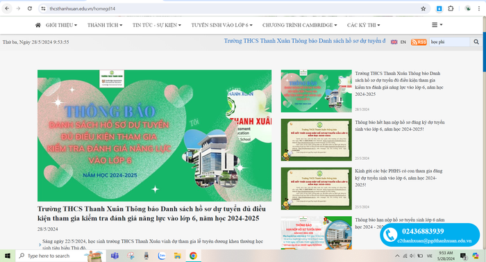 Kết quả tìm kiếm theo từ khóa "học phí" trên website của Trường Trung học cơ sở Thanh Xuân. Ảnh chụp màn hình THCS Thanh Xuân.PNG