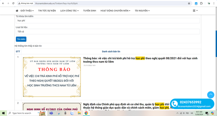 Ảnh chụp màn hình khi tìm kiếm từ khóa "học phí" trên webiste của Trường Trung học cơ sở Nam Từ Liêm THCS Nam Từ Liêm.PNG