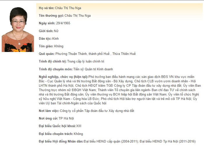 Thông tin cá nhân của bà Châu Thị Thu Nga trên website Đại biểu Quốc hội. Thông tin cá nhân của bà Châu Thị Thu Nga trên website Đại biểu Quốc hội.