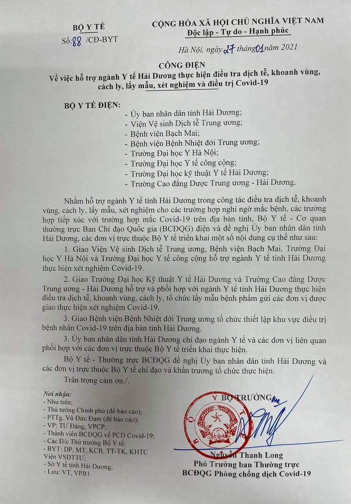 Công điện của Bộ Y tế. ảnh: moh.gov.vn Công điện của Bộ Y tế. ảnh: moh.gov.vn
