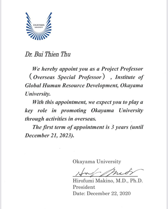 Giấy chứng nhận Tiến sĩ Bùi Thiên Thu là Giáo sư Đại học Okayama. Giấy chứng nhận Tiến sĩ Bùi Thiên Thu là Giáo sư Đại học Okayama.