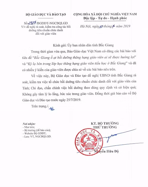 Công văn của Bộ Giáo dục và Đào tạo. Ảnh: CT