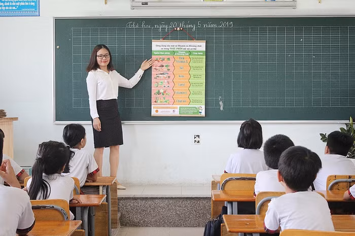 Các em học sinh cùng giáo viên tìm hiểu về dinh dưỡng với áp phích Ba phút thay đổi nhận thức.