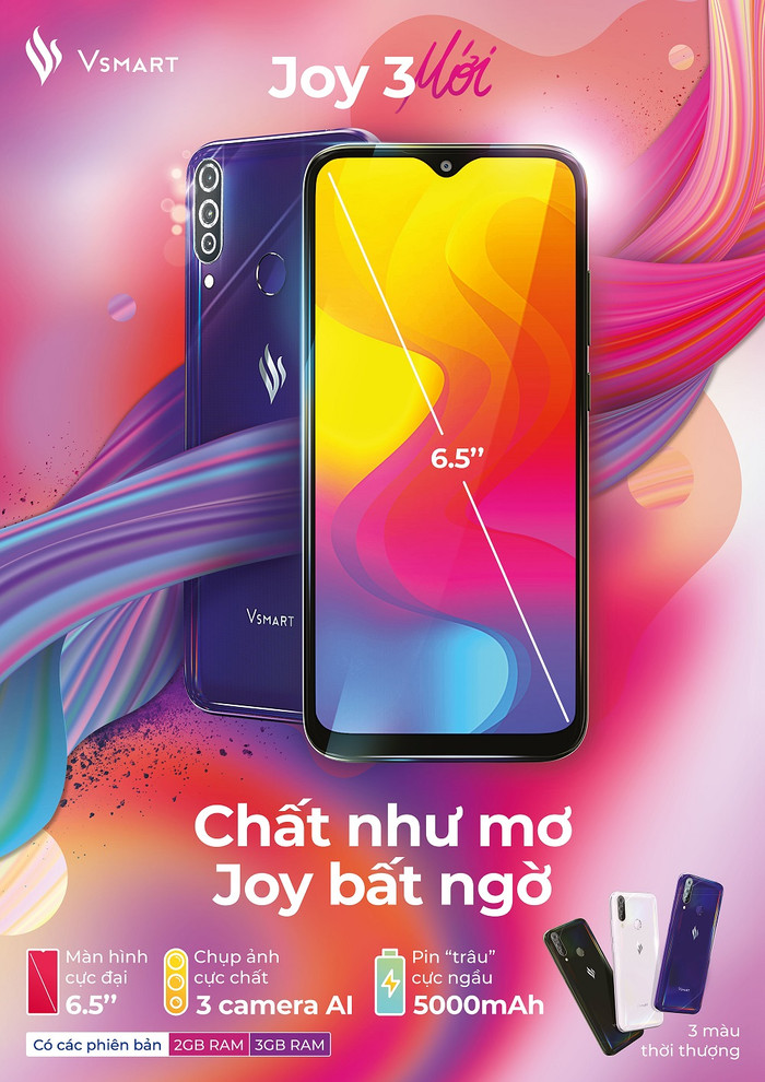 Trong 3 ngày đầu mở bán (14/2-16/2/2020), Vsmart Joy 3 sẽ được bán với mức giá đặc biệt chỉ từ 1.990.000 đồng cho phiên bản RAM 2GB. Trong 3 ngày đầu mở bán (14/2-16/2/2020), Vsmart Joy 3 sẽ được bán với mức giá đặc biệt chỉ từ 1.990.000 đồng cho phiên bản RAM 2GB.