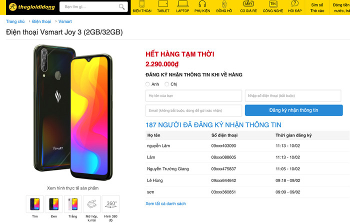 Các hệ thống siêu thị điện thoại lớn như Thế Giới Di Động, Hoàng Hà Mobile... đều thông báo hết hàng Vsmart Joy 3 điều hiếm hoi trong ngày đầu ra mắt. Các hệ thống siêu thị điện thoại lớn như Thế Giới Di Động, Hoàng Hà Mobile... đều thông báo hết hàng Vsmart Joy 3 điều hiếm hoi trong ngày đầu ra mắt.