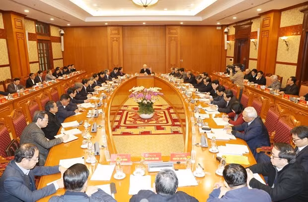 Toàn cảnh Tổng Bí thư, Chủ tịch nước Nguyễn Phú Trọng, Trưởng Tiểu ban Văn kiện Đại hội XIII của Đảng phát biểu kết luận cuộc họp. (Ảnh: Trí Dũng/TTXVN)