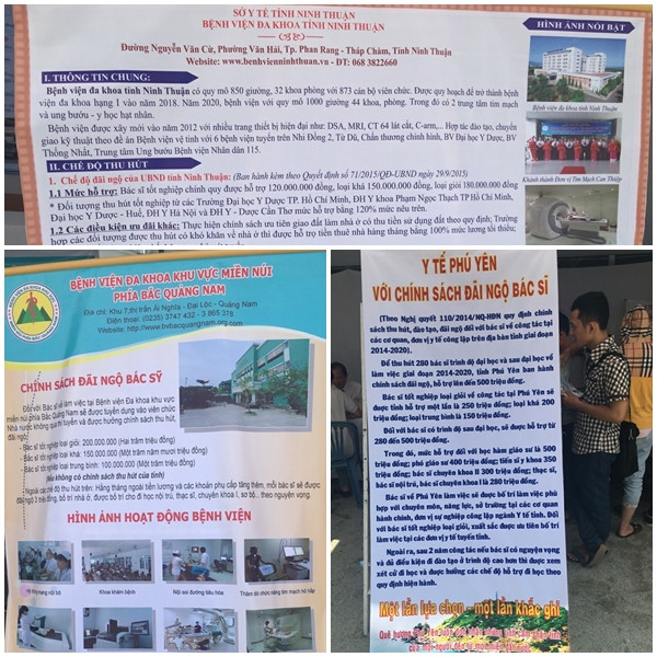 Poster giới thiệu những đãi ngộ “khủng” của một số đơn vị y tế tỉnh bạn để thu hút bác sĩ về công tác tại địa phương.