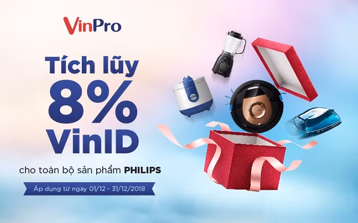 VinPro tích điểm tới 8% giá trị hoá đơn vào tài khoản VinID cho sản phẩm Philips.