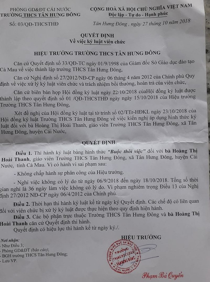 Quyết định về kỷ luật viên chức Hiệu trưởng Trường trung học cơ sở Tân Hưng Đông đối với bà Hoàng Thị Hoài Thanh (Ảnh: tác giả cung cấp).