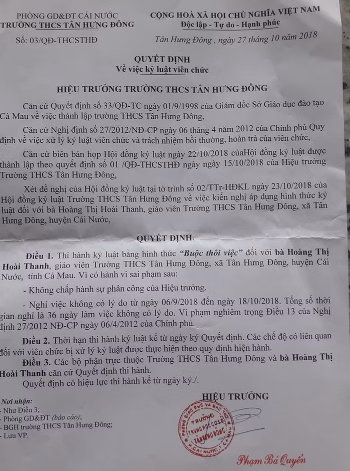 Quyết định về kỷ luật viên chức Hiệu trưởng Trường trung học cơ sở Tân Hưng Đông đối với bà Hoàng Thị Hoài Thanh (Ảnh: tác giả cung cấp).