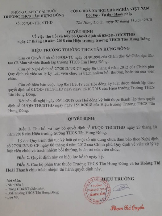 Quyết định về việc thu hồi và hủy bỏ Quyết định số 03/QĐ-THCSTHĐ ngày 27/10/2018 của Hiệu trưởng Trường trung học cơ sở Tân Hưng Đông (Ảnh: tác giả cung cấp). Quyết định về việc thu hồi và hủy bỏ Quyết định số 03/QĐ-THCSTHĐ ngày 27/10/2018 của Hiệu trưởng Trường trung học cơ sở Tân Hưng Đông (Ảnh: tác giả cung cấp).