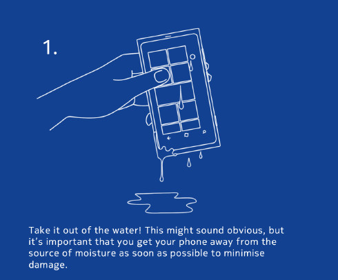 Khi vô tình để rơi điện thoại vào nước, người dùng phải nhanh chóng lấy máy ra càng nhanh càng tốt để hạn chế những tổn hại. Khi vô tình để rơi điện thoại vào nước, người dùng phải nhanh chóng lấy máy ra càng nhanh càng tốt để hạn chế những tổn hại.