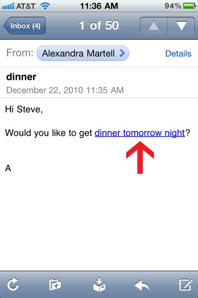 Ứng dụng mail có khả năng chuyển thời gian và ngày hẹn thành một liên kết, bạn hãy bấm vào liên kết đó để thêm nó vào lịch hẹn trong ứng dụng lịch của iPhone.