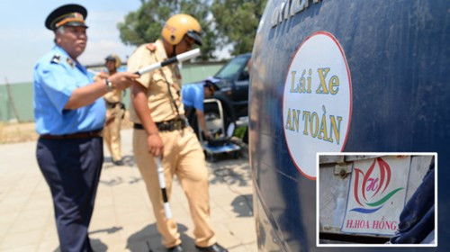 Lực lượng chức năng kiểm tra chiếc xe có lô gô lạ. ảnh: Báo Kiến thức.