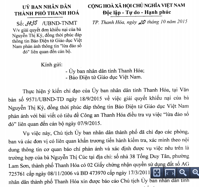 Công văn phúc đáp của UBND thành phố Thanh Hóa gửi Báo điện tử Giáo dục Việt Nam "vụ lừa đảo tiền tỷ liên quan tới cán bộ". (ảnh: XUÂN QUANG).