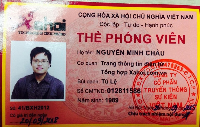 Một Thẻ phóng viên được cho là cấp từ chủ quản trang xahoi.com.vn, thời hạn đến tận năm 2018. Một Thẻ phóng viên được cho là cấp từ chủ quản trang xahoi.com.vn, thời hạn đến tận năm 2018.